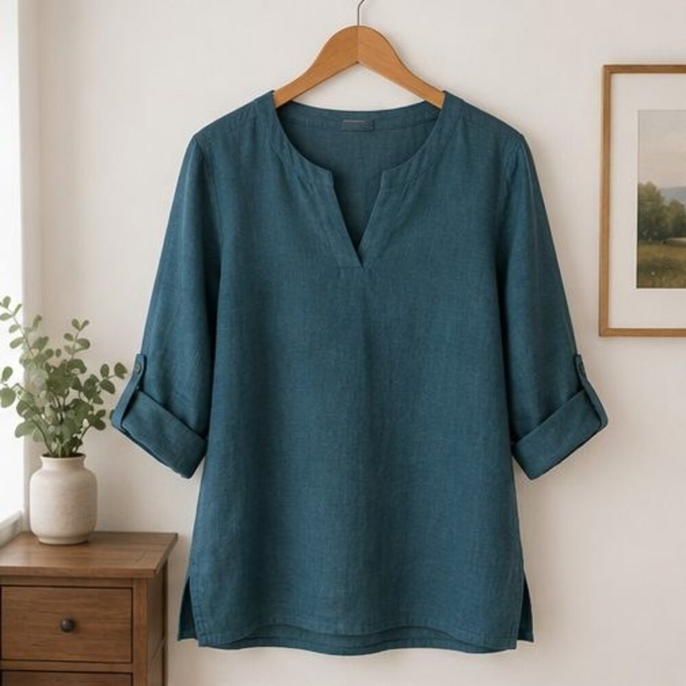 Teal Linen Notch Neck Blouse